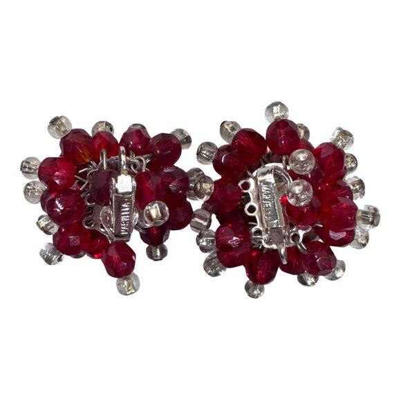Vintage Marvella Red Bead Clip-On Earrings Faceted Beads Clear Cluster Huggie - Picture 3 of 6